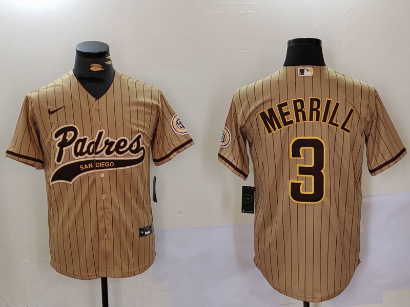 Men's San Diego Padres #3 Jackson Merrill Tan Cool Base Stitched Baseball Jersey Men's San Diego Padres #3 Jackson Merrill Tan Cool Base Stitched Baseball Jersey